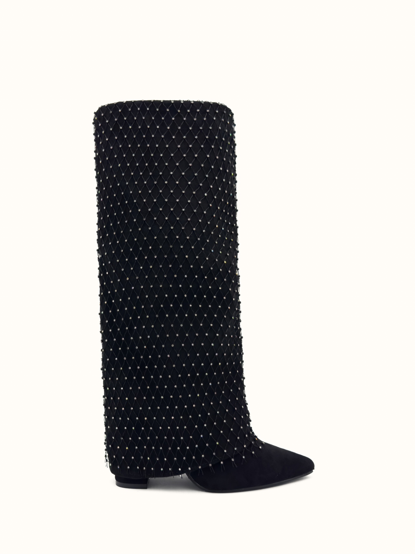 WILLOW - Bottes à revers en suédine noires à talon bloc ornées d'un filet de strass - Mode Femme | Cassy