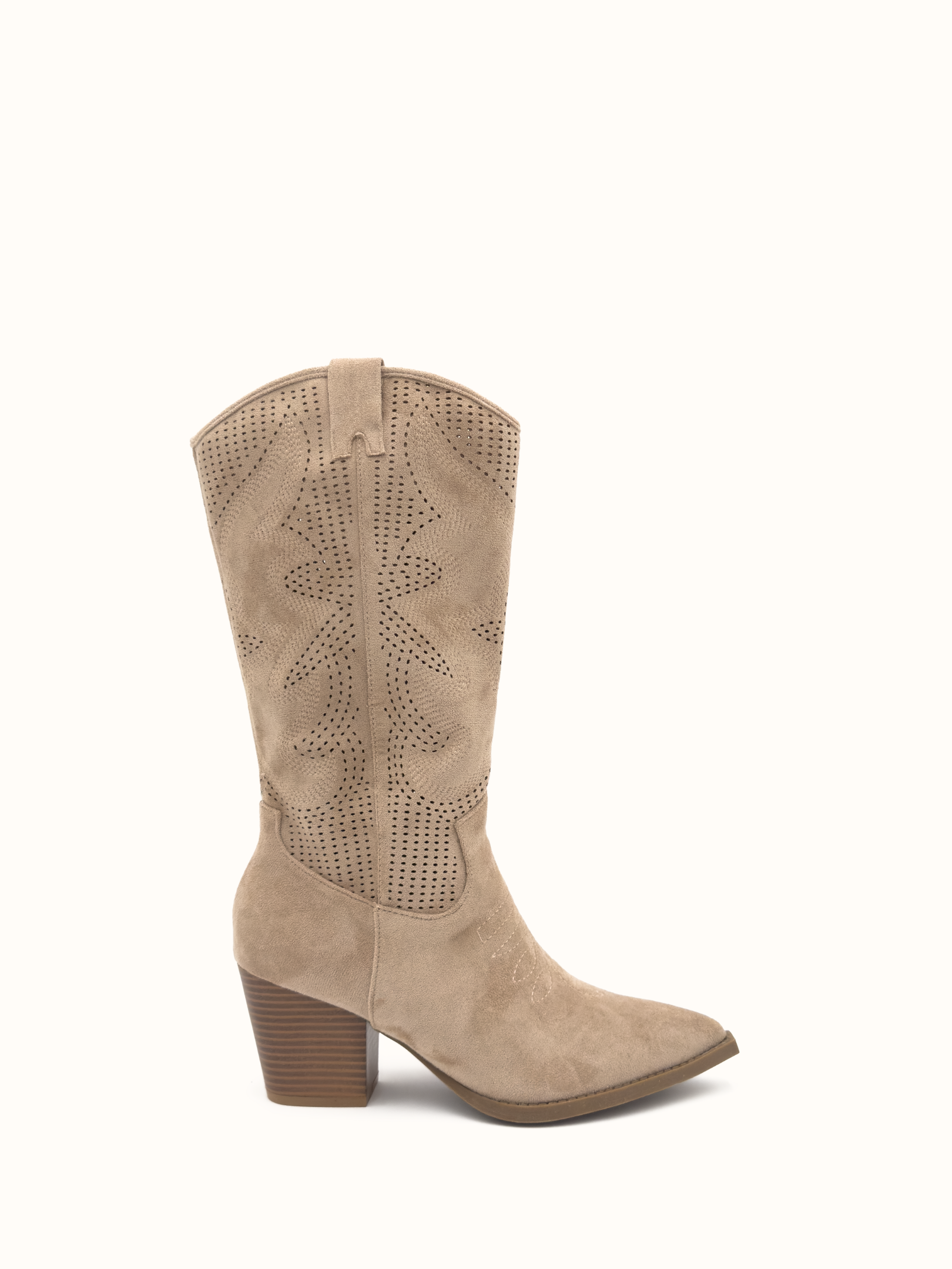 RACHEL - Bottes santiags ajourées en suédine taupe style cowboy - Mode Femme | Cassy