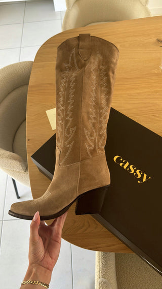 GIULIA - Khaki leather heeled cowboy boots - Made In Italy