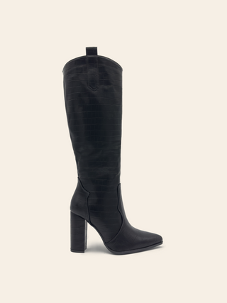 AMBER - Bottes noires minimalistes à bout pointu et talon bloc imprimé croco - Mode Femme | Cassy