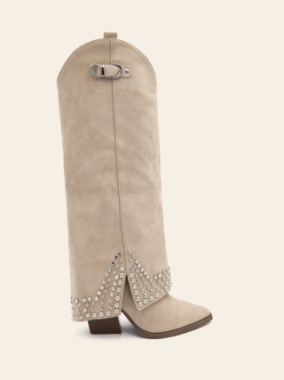 IRIS - Beige suede cowboy style gaiter cowboy boots with studded details