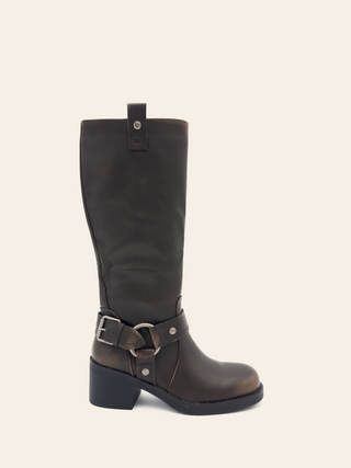 RUBY - Brown biker style boots with buckle