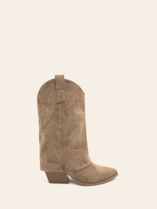 ELLA - Khaki suede pointed toe gaiter cowboy boots with studded details