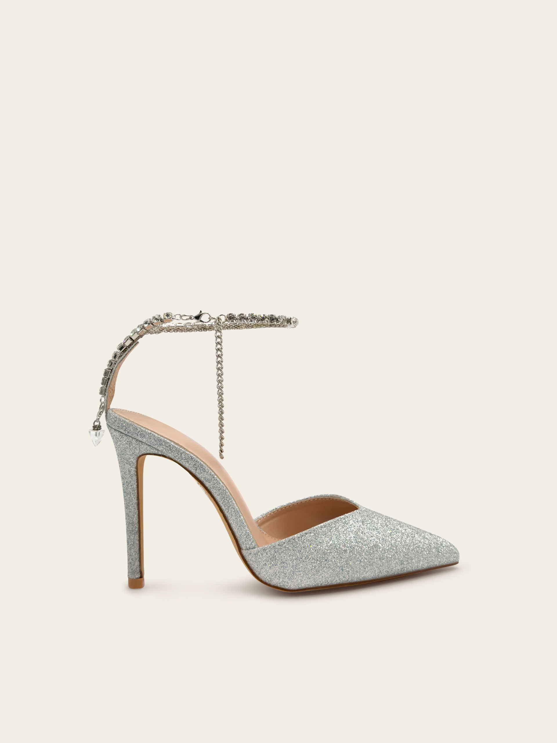 VICTORIA Escarpins silver pailletés à talon aiguille et bride de che