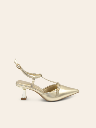 ANNA - Gold closed toe kitten heel with metal strap detail