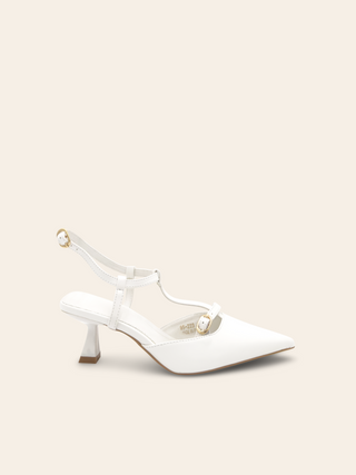 ANNA - White closed toe kitten heel with metal strap detail