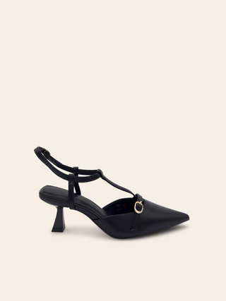 ANNA - Black closed toe kitten heel with metal strap detail