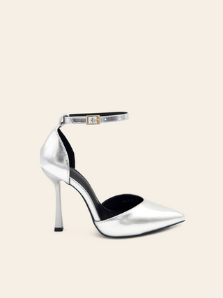 CELESTE - Silver closed toe pumps with adjustable strap and high heel