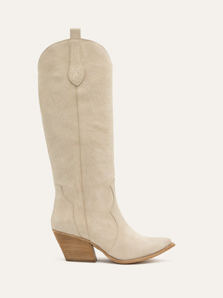 HAILEY - Bottes santiags à talon en 100% cuir beige à détail brodés - Made In Italy