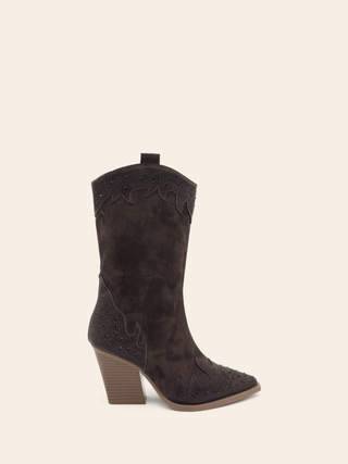 AMELIE – Stiefel mit Absatz und spitzer Spitze aus khakifarbenem Wildleder mit Strass- und Metalldetails