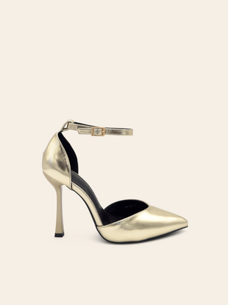 CELESTE – Goldene Pumps mit geschlossener Spitze und verstellbarem High-Heel-Riemen