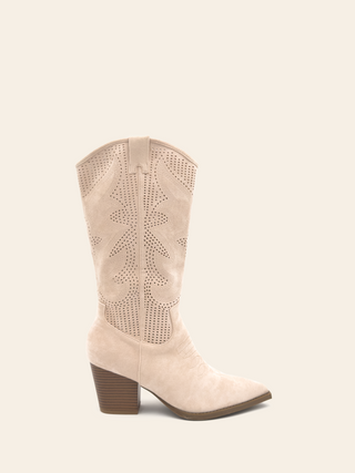 RACHEL - Bottes santiags ajourées en suédine beige style cowboy