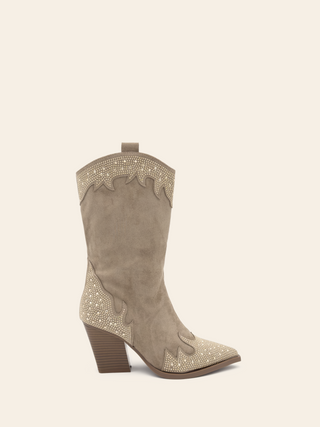 AMELIE – Stiefel mit Absatz und spitzer Spitze aus khakifarbenem Wildleder mit Strass- und Metalldetails