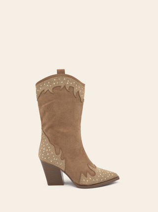 AMELIE - Heeled boots with pointed toe in khaki suede with rhinestone and metallic detail