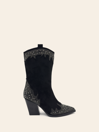 AMELIE – Stiefel mit Absatz und spitzer Spitze aus khakifarbenem Wildleder mit Strass- und Metalldetails