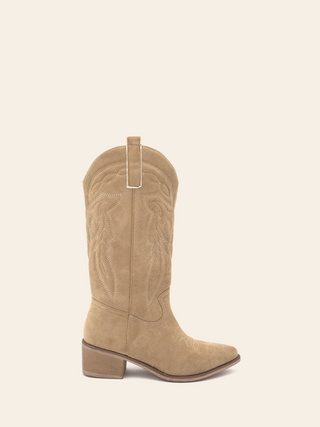 APRIL - Beige cowboy style cowboy boots with embroidered patterns