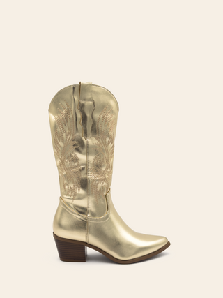 ELEANOR – Goldene Cowboystiefel im Cowboy-Stil mit spitzer Spitze und gestickten Details