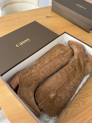 HAILEY - Bottes santiags à talon en 100% cuir taupe - Made In Italy