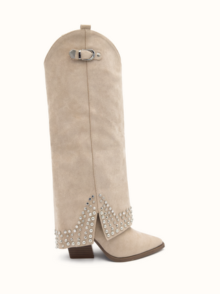 IRIS - Bottes santiags guêtres en suédine beige style cowboy à détails cloutés