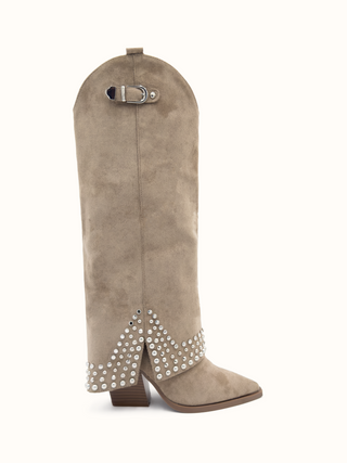 IRIS - Bottes santiags guêtres en suédine taupe style cowboy à détails cloutés